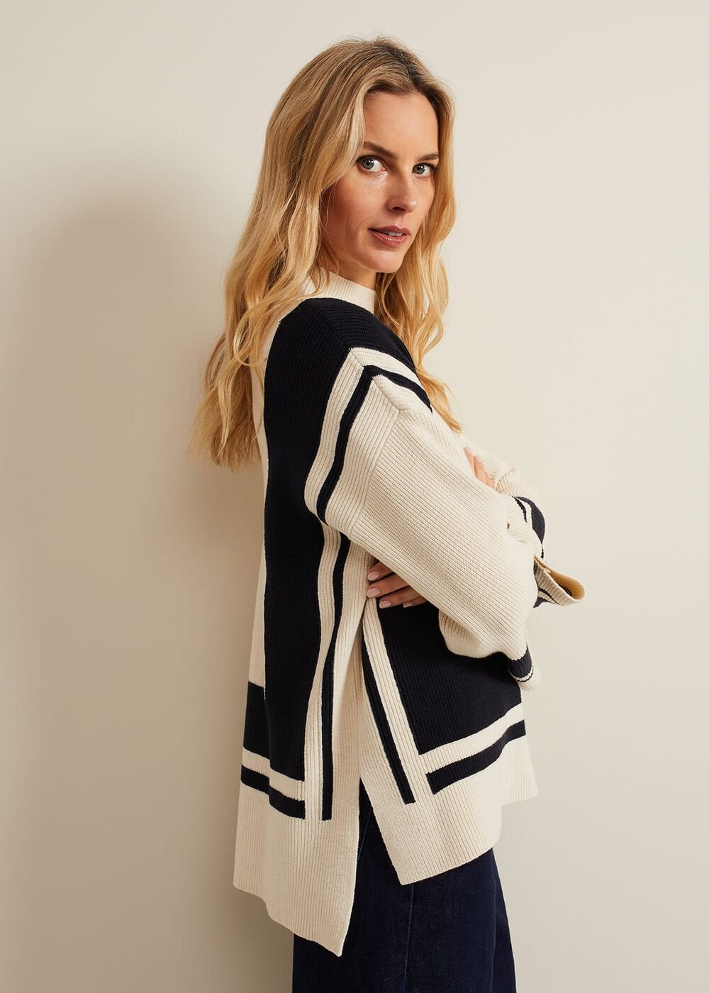 Kayleigh Chunky Boxy Striped Jumper - Stone/Navy