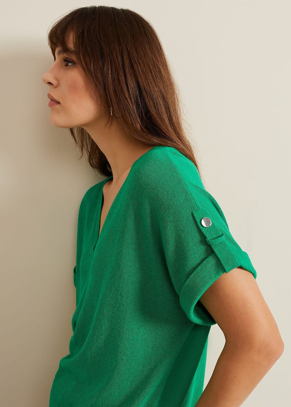Laura Linen Metal Button Tab Top - Green