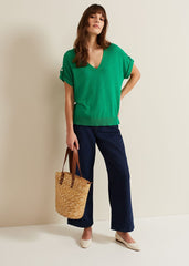Laura Linen Metal Button Tab Top - Green