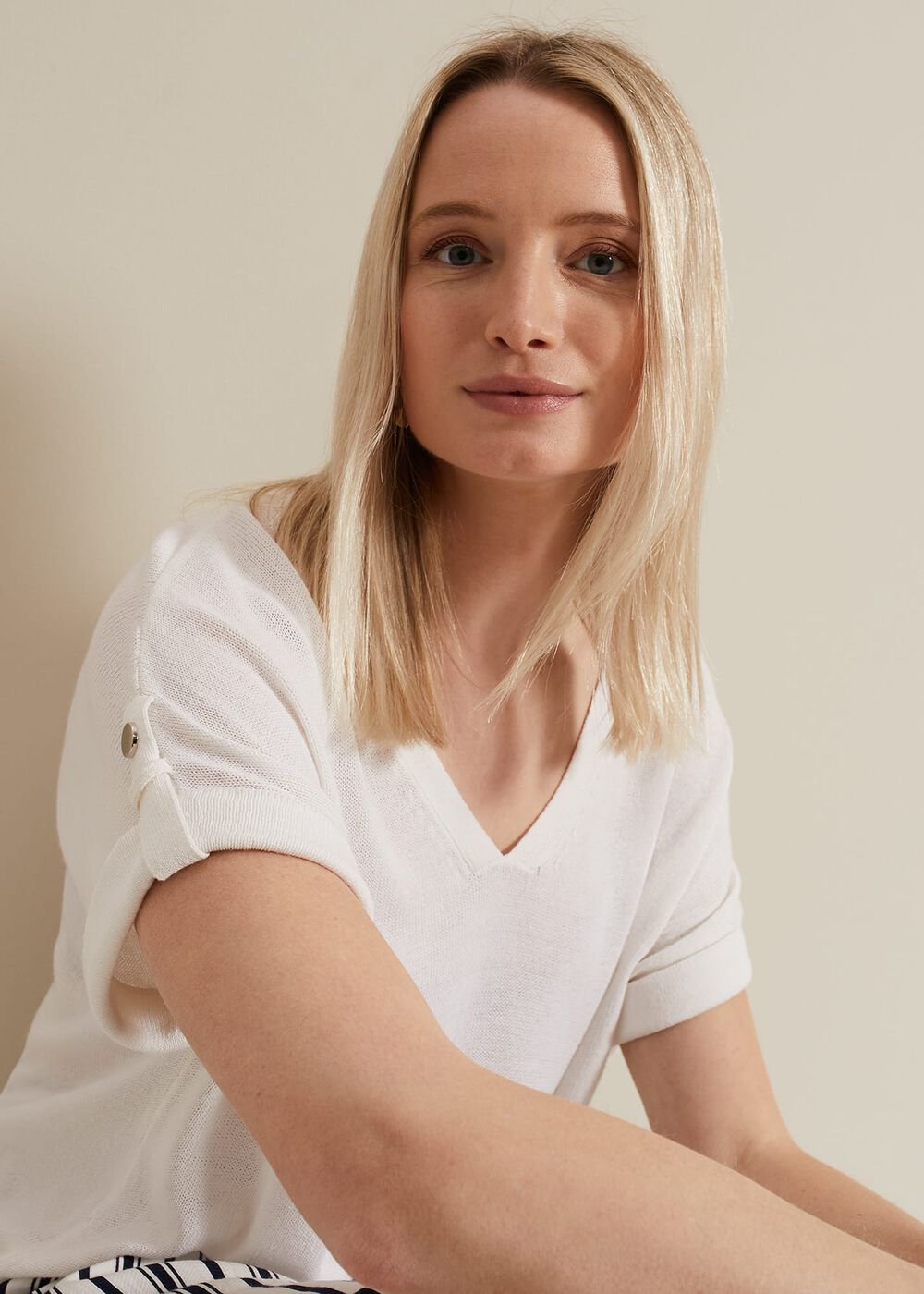 Laura Linen Metal Button Tab Top - White