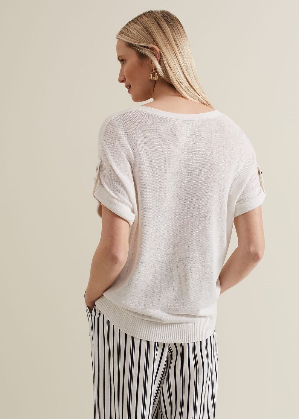 Laura Linen Metal Button Tab Top - White
