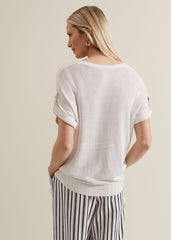 Laura Linen Metal Button Tab Top - White