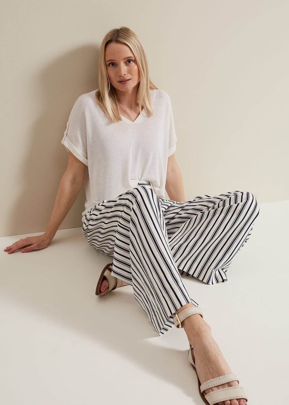 Laura Linen Metal Button Tab Top - White