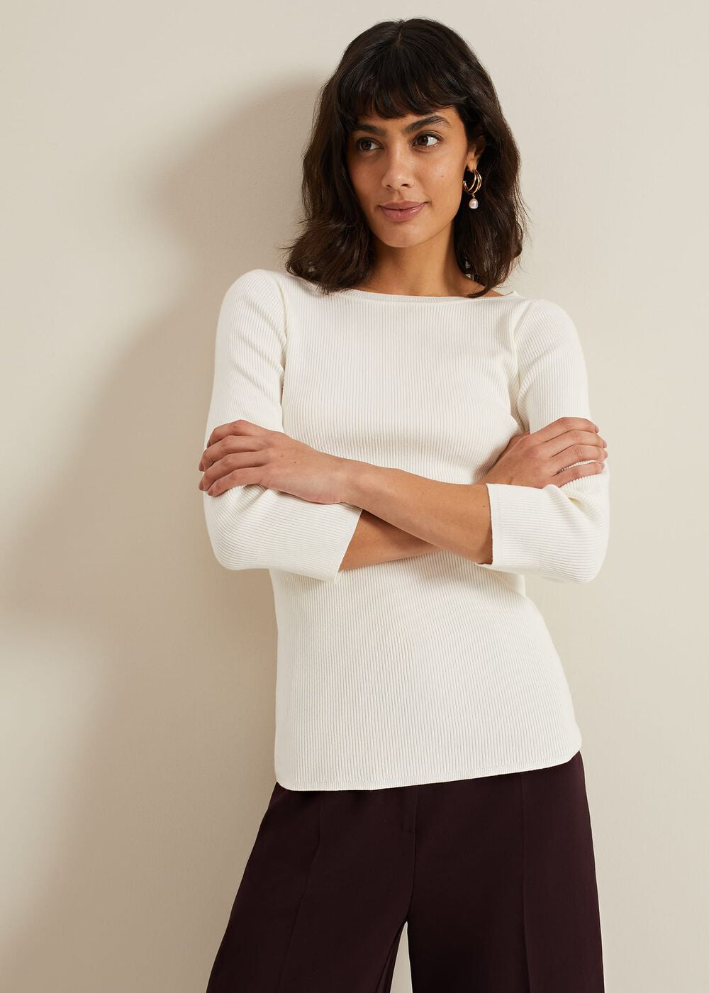 Tannah Ribbed Slash Neck Top - Ivory