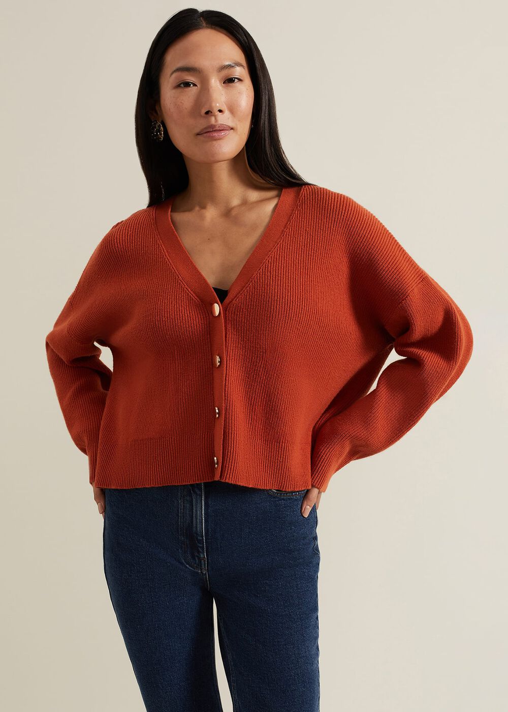 Anna Button Ribbed Cardigan - Orange