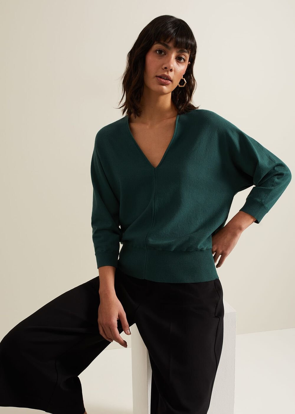 Gina V Neck Batwing Jumper - Green
