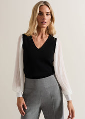 Maple V Neck Woven Sleeve Jumper - Black