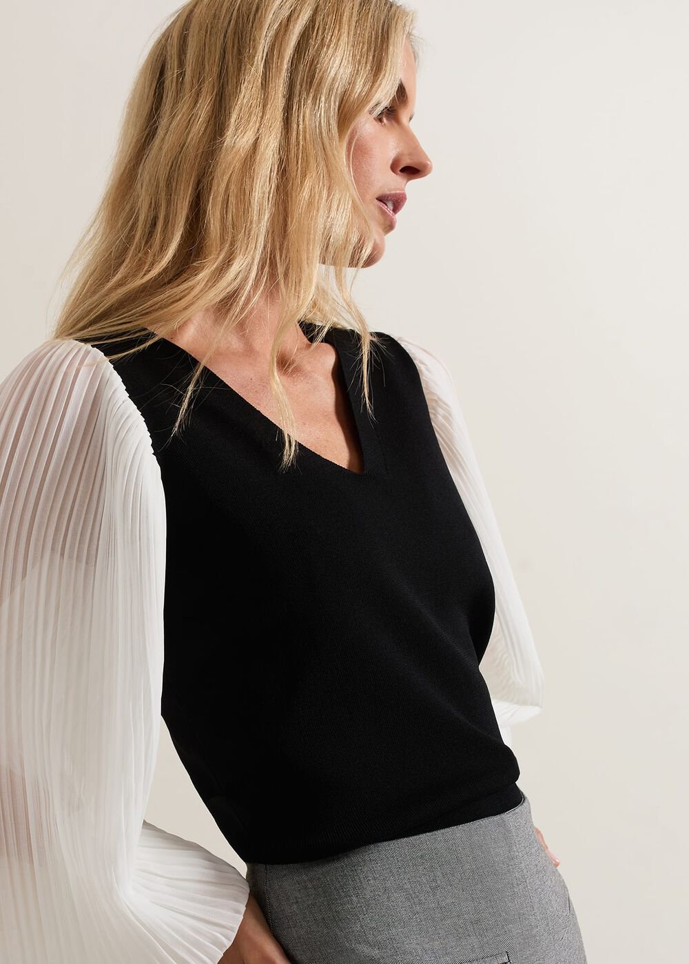 Maple V Neck Woven Sleeve Jumper - Black
