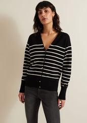 Nina V Neck Stripe Cardigan - Black/Ivory