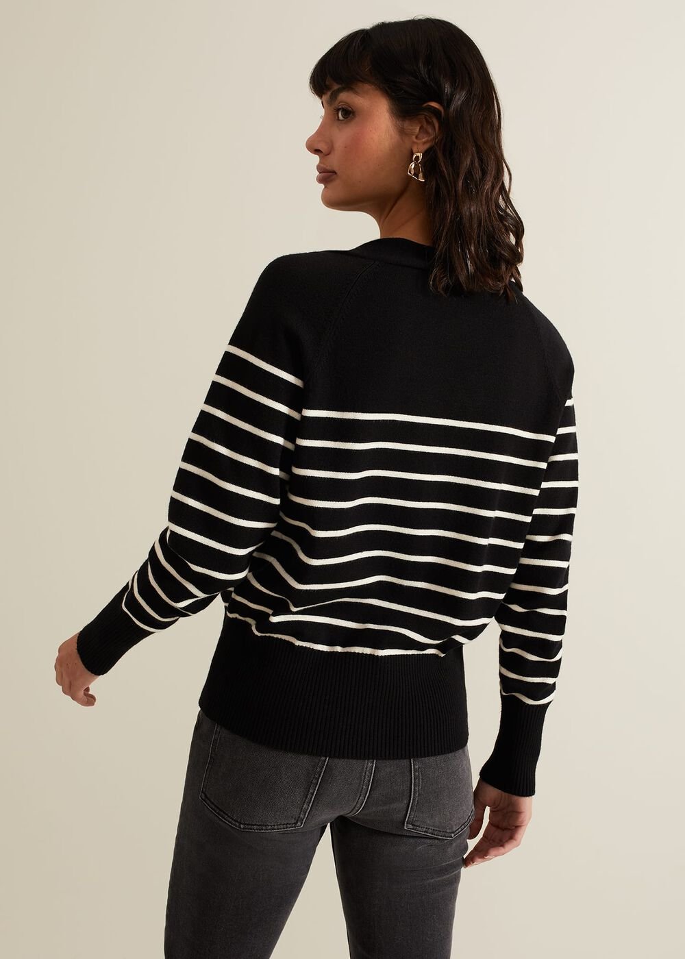 Nina V Neck Stripe Cardigan - Black/Ivory