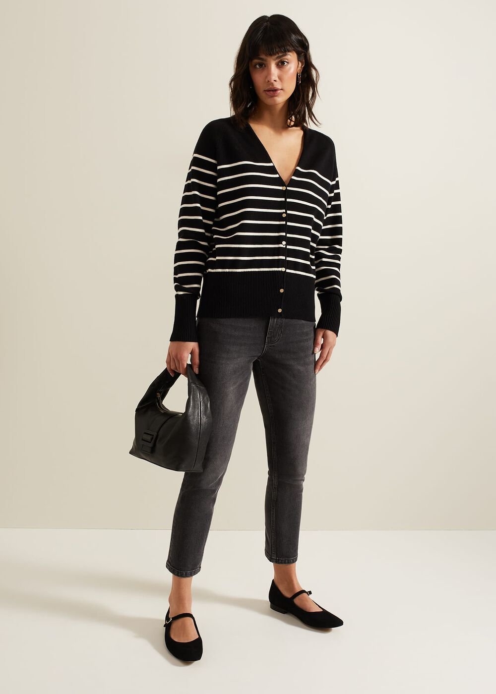 Nina V Neck Stripe Cardigan - Black/Ivory