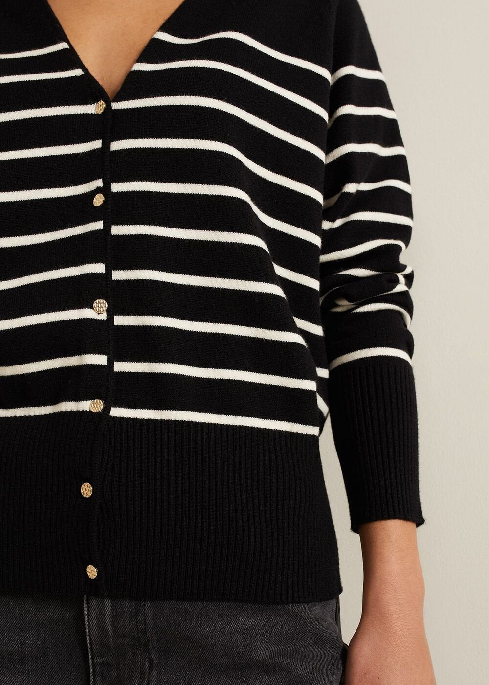 Nina V Neck Stripe Cardigan - Black/Ivory