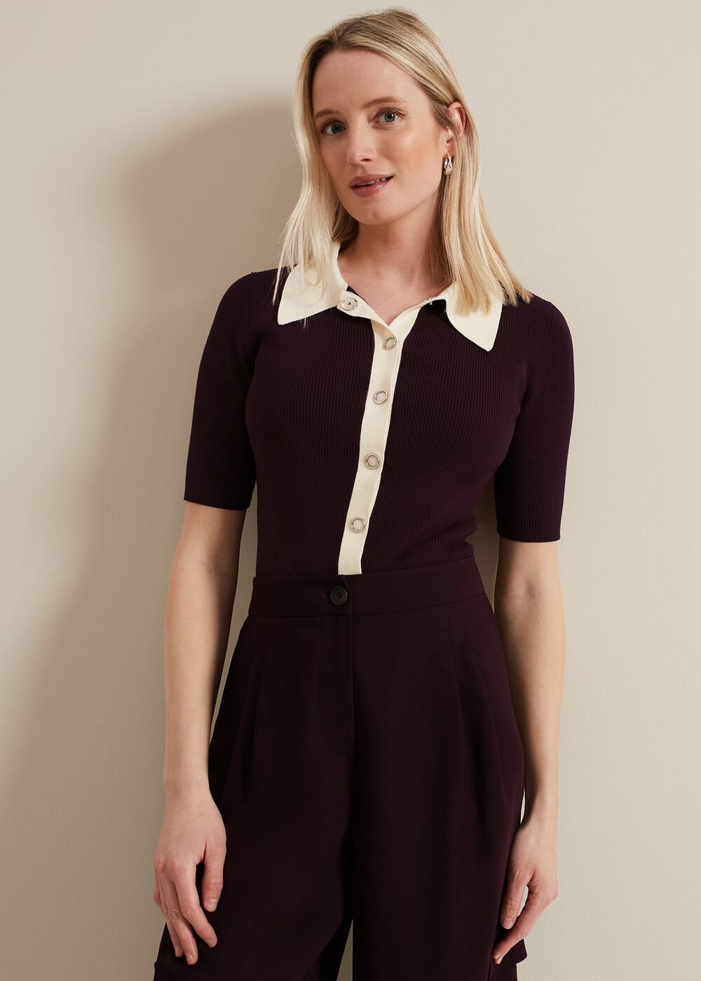 Rosie Tipped Collar Top - Burgundy