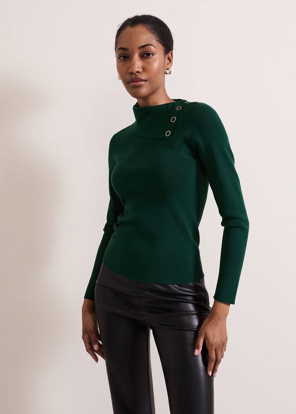 Regina Popper Collar Ribbed Top - Green