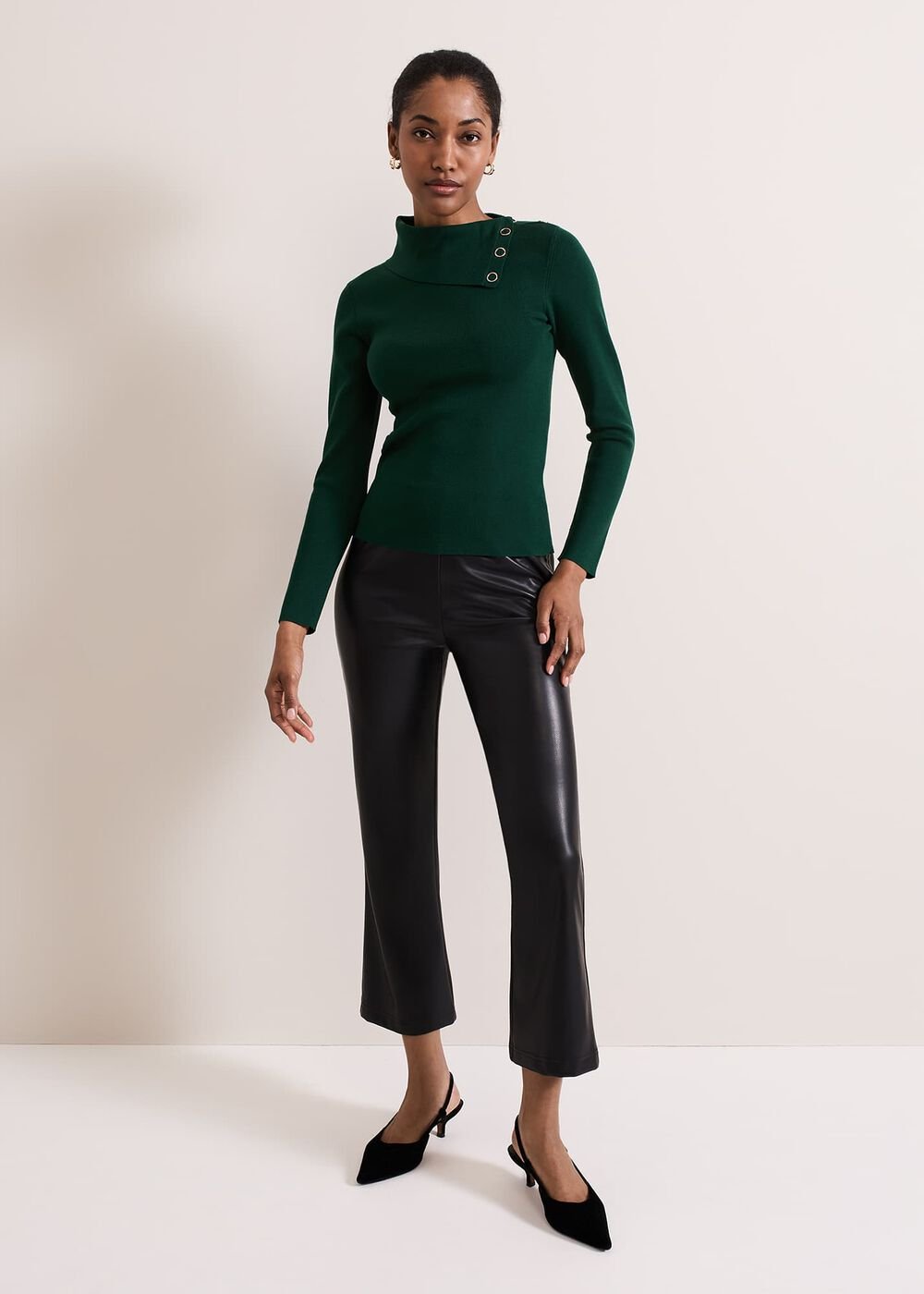 Regina Popper Collar Ribbed Top - Green