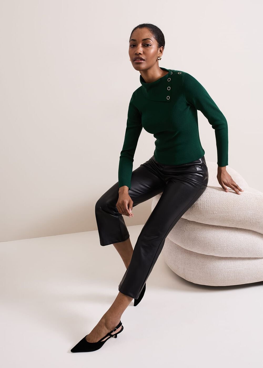 Regina Popper Collar Ribbed Top - Green