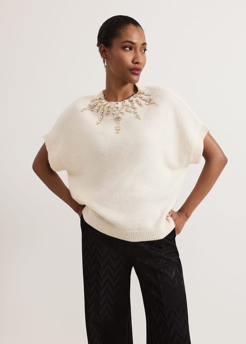 Allie Tabard Jewelled Top - Ivory