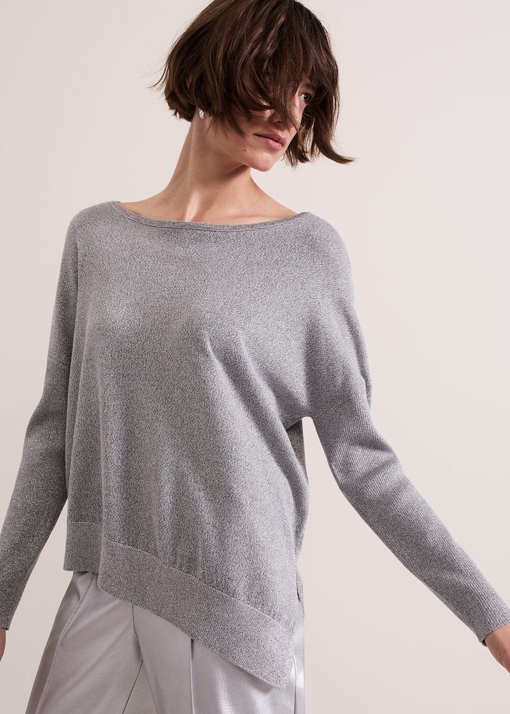 Sofia Silver Lurex Asymetric Jumper - Silver