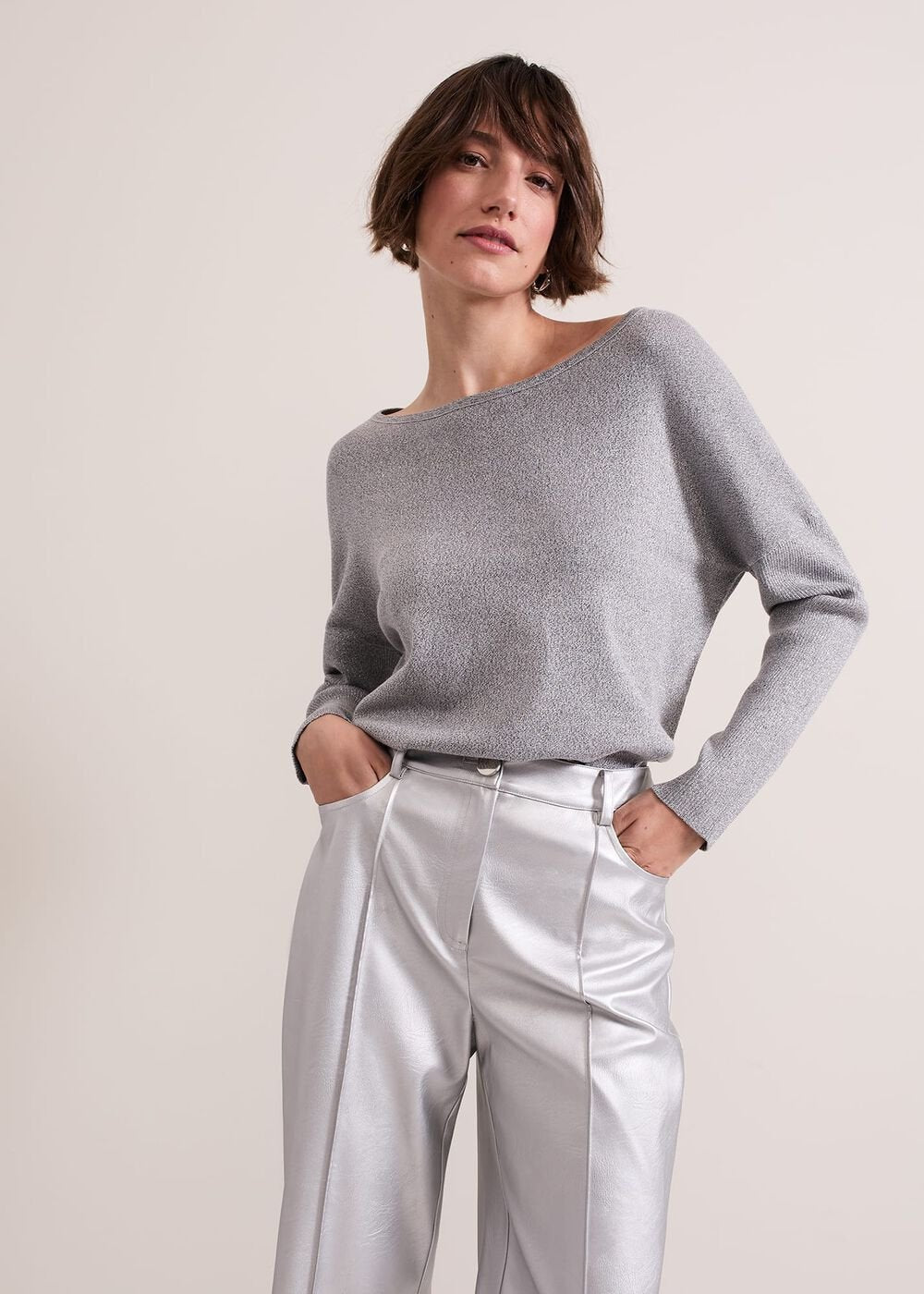 Sofia Silver Lurex Asymetric Jumper - Silver