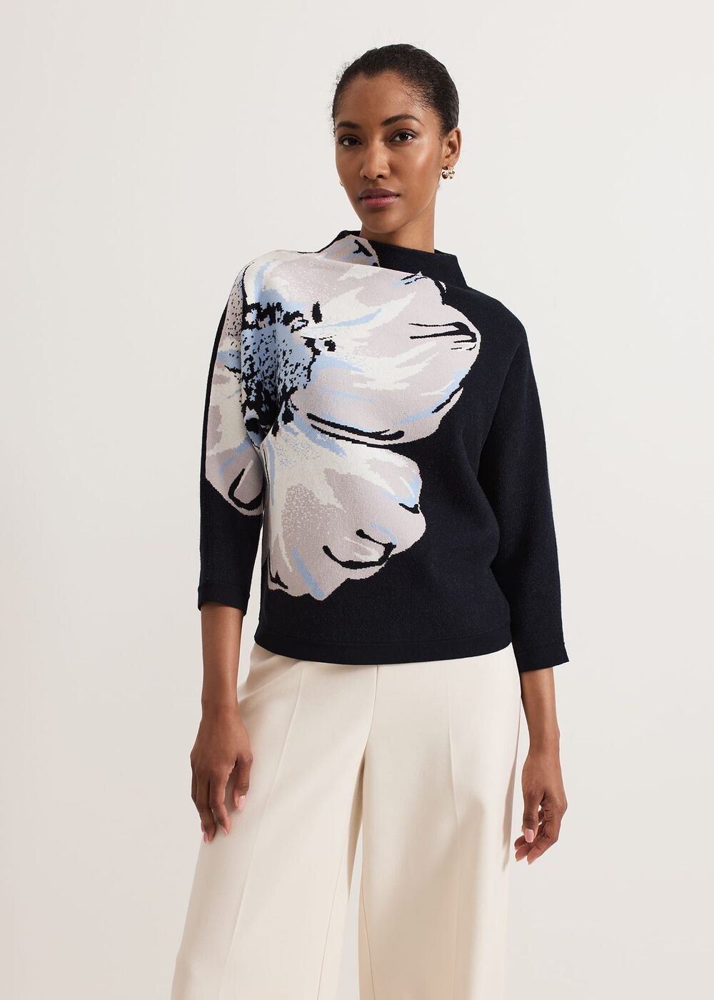 Bessie Blue Floral Placement Knit - Navy