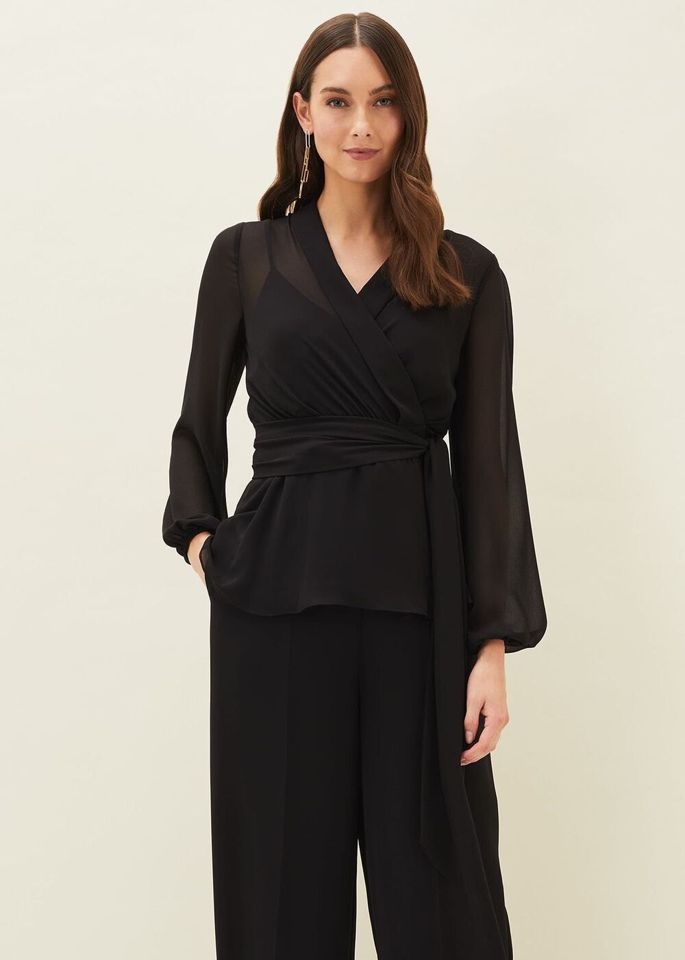 Florentine Semi-Sheer Wrap Top - Black