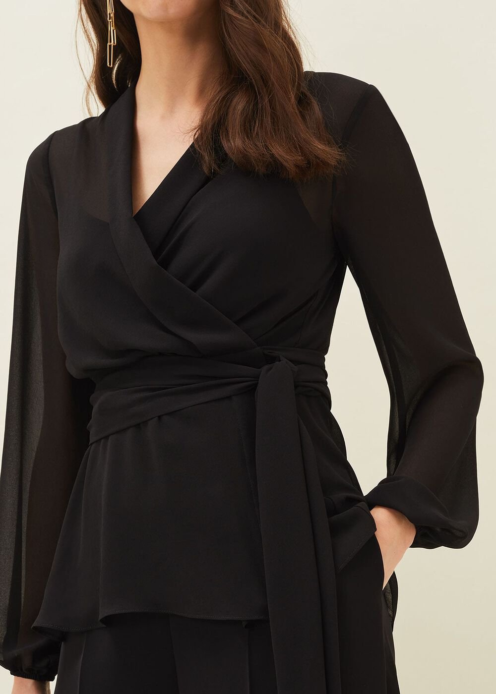 Florentine Semi-Sheer Wrap Top - Black