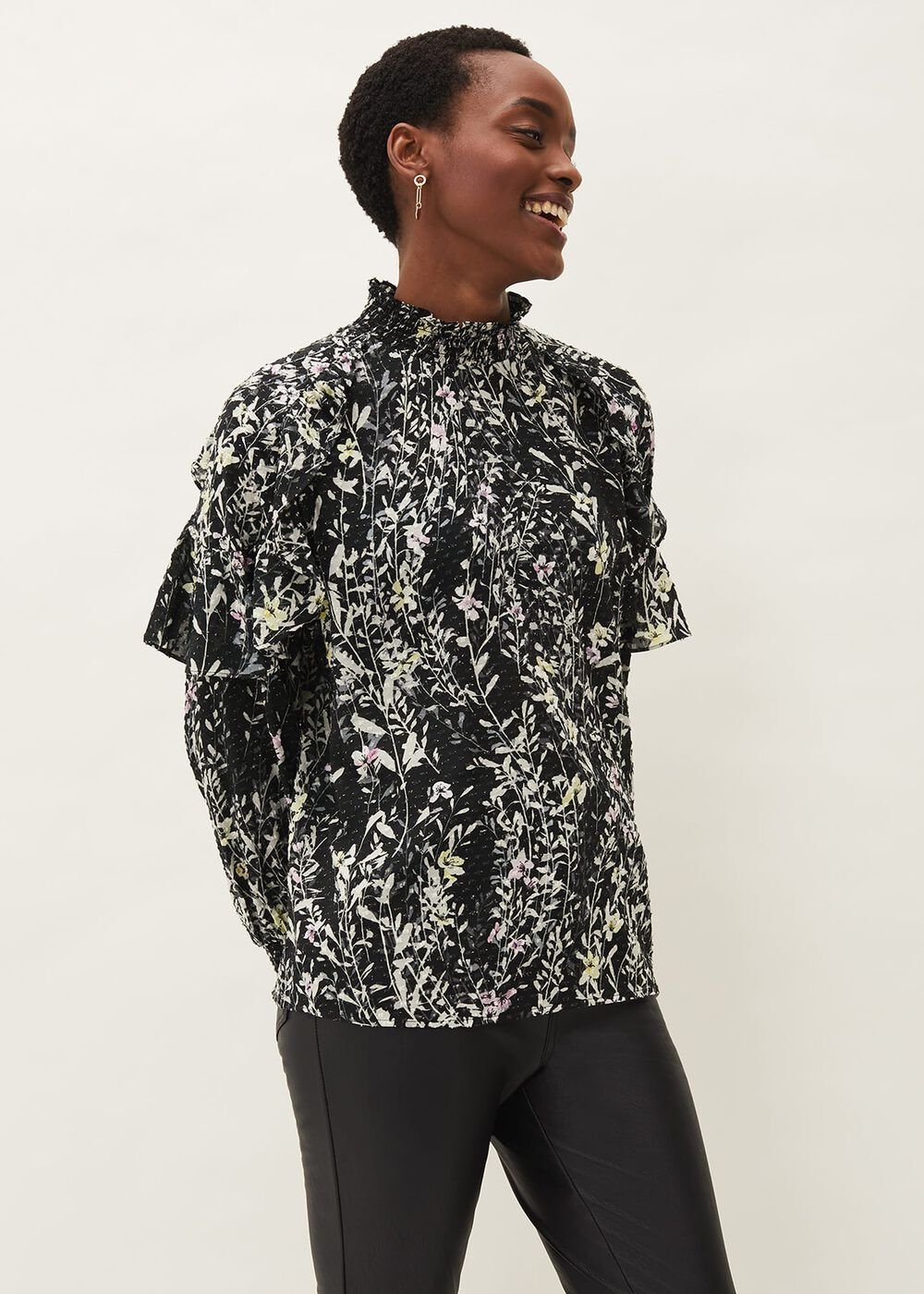 Daphne Floral Frill Blouse - Black