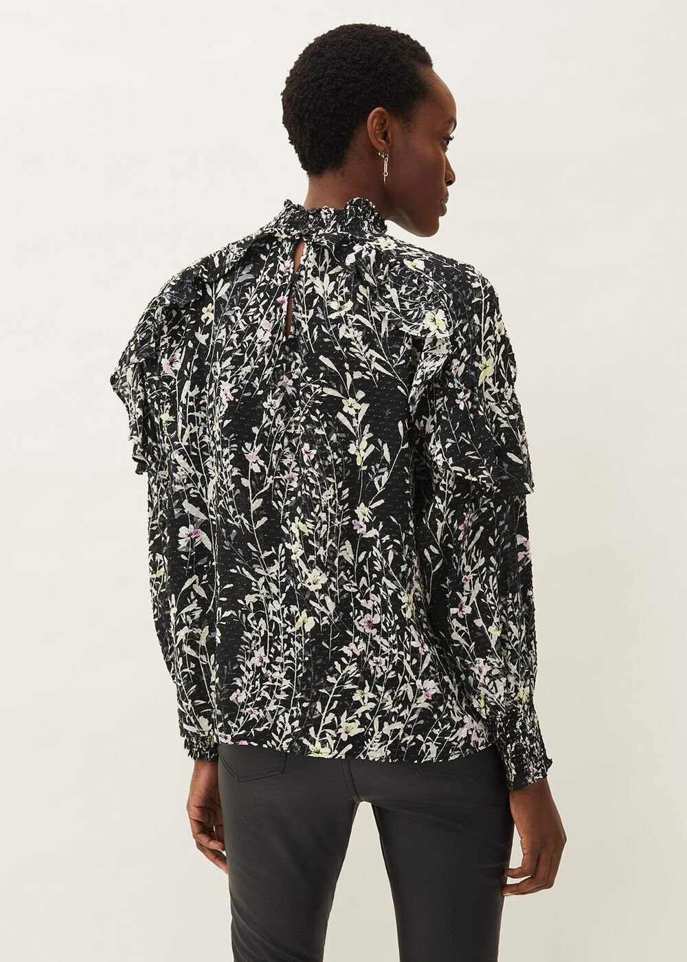 Daphne Floral Frill Blouse - Black