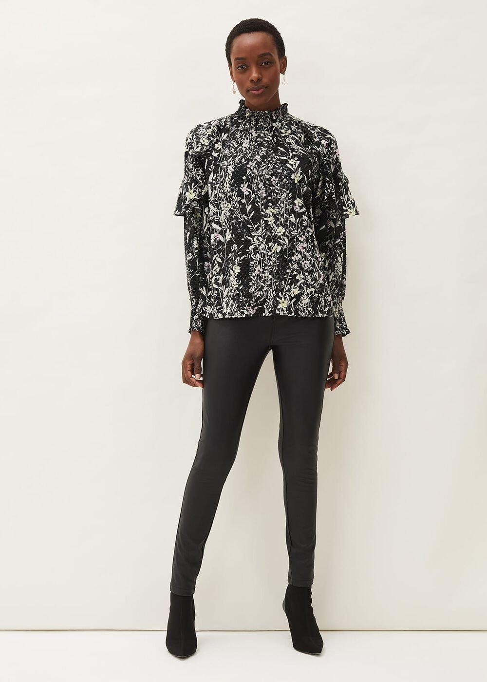 Daphne Floral Frill Blouse - Black