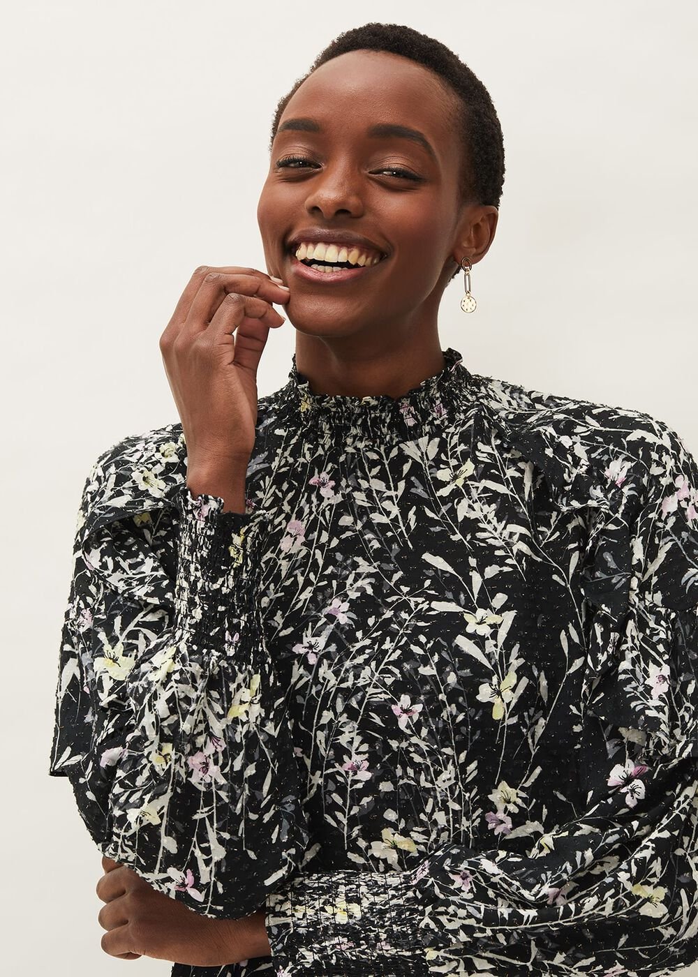 Daphne Floral Frill Blouse - Black