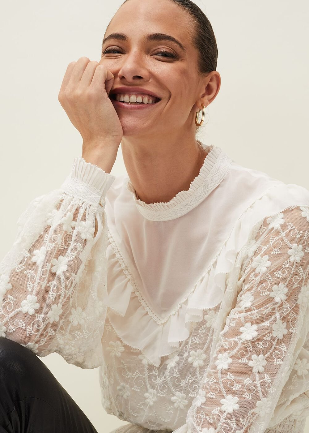 Coralina Embroidered Frill Blouse - Oyster