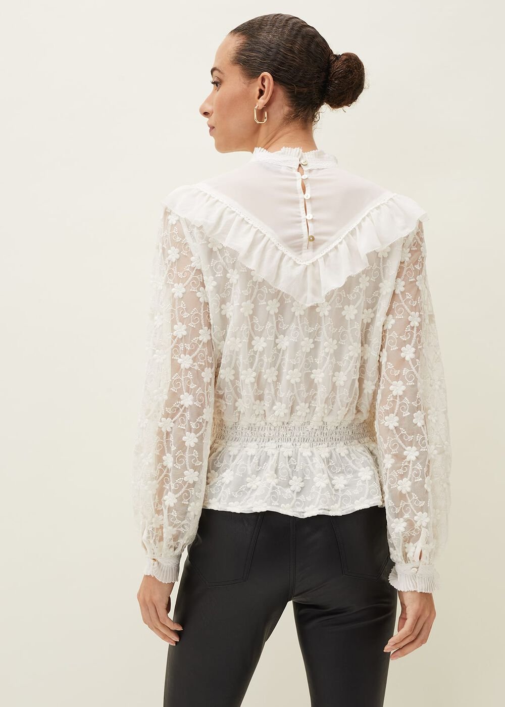 Coralina Embroidered Frill Blouse - Oyster