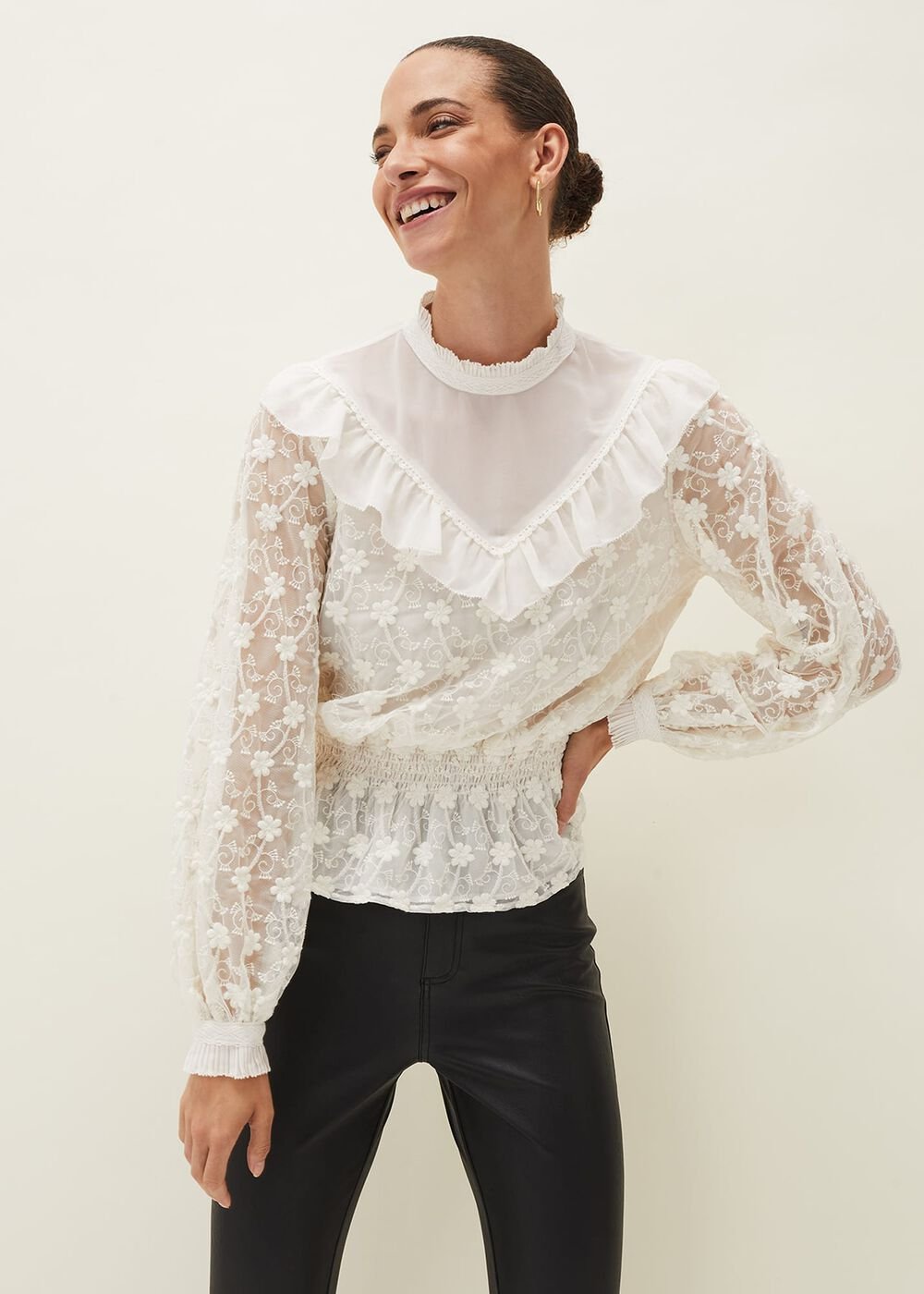 Coralina Embroidered Frill Blouse - Oyster