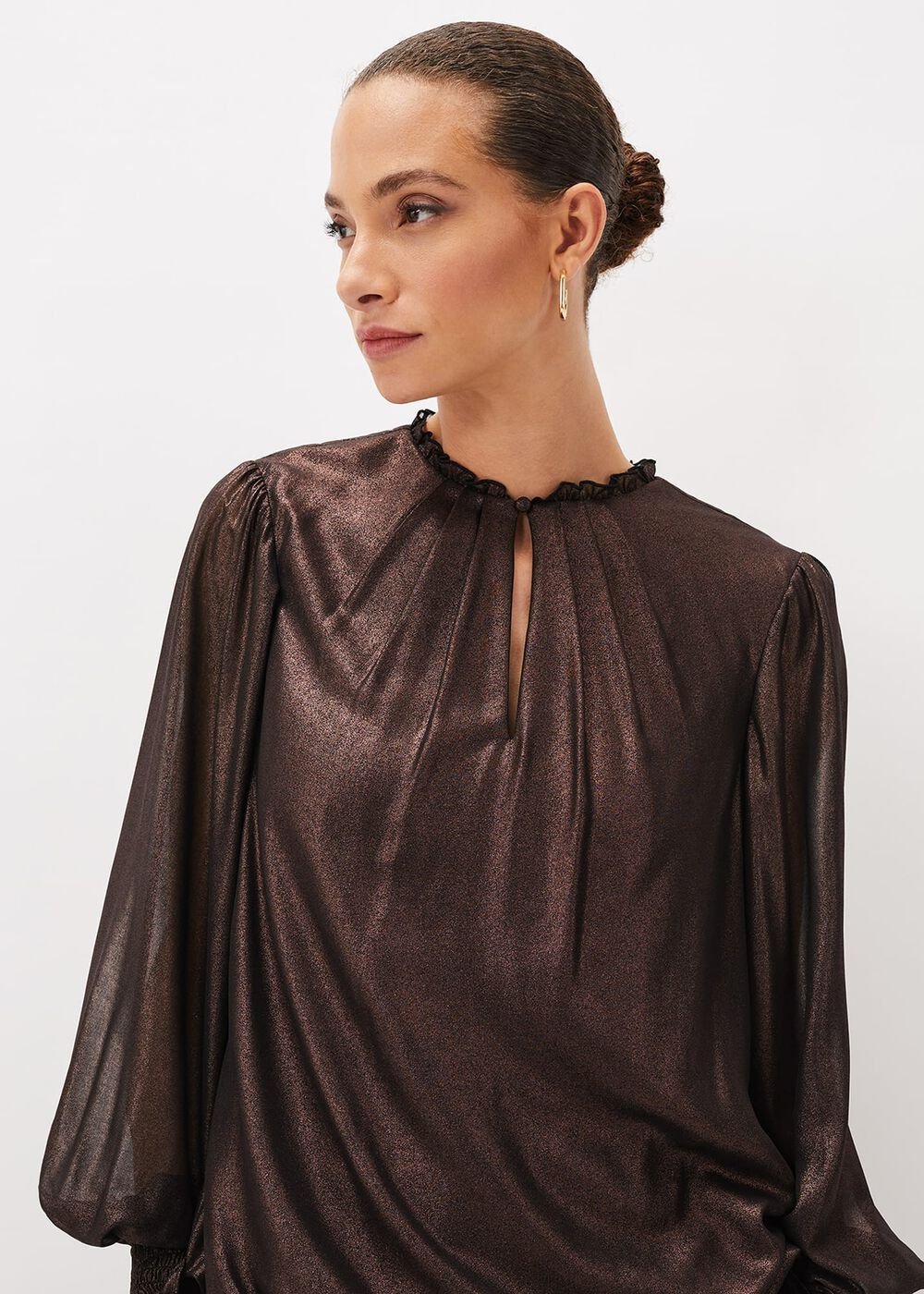 Zavia Metallic Foil Balloon Sleeve Blouse - Rose Gold