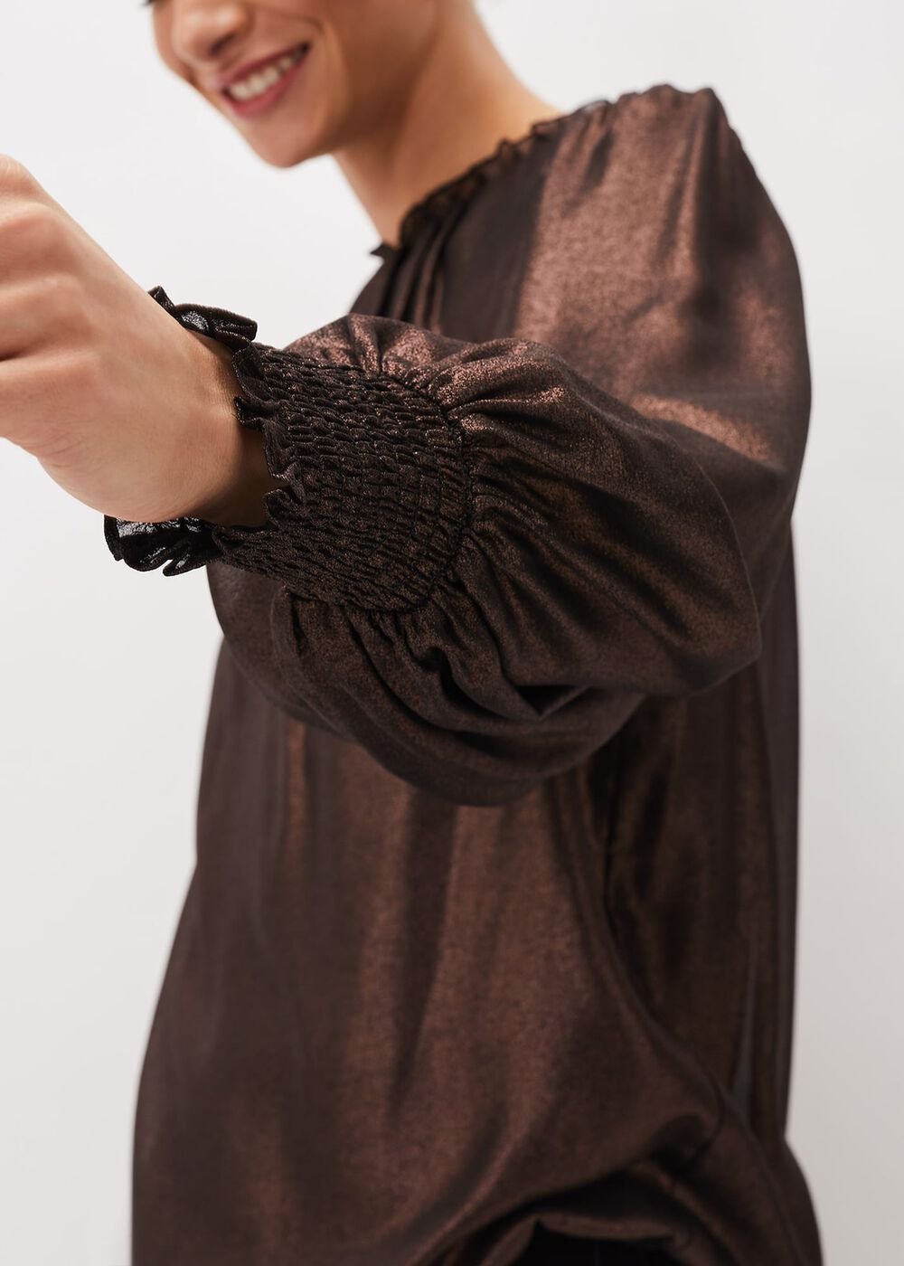 Zavia Metallic Foil Balloon Sleeve Blouse - Rose Gold