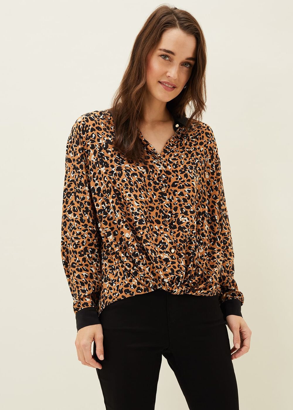 Kaelie Leopard Twist Front Blouse - Black/Multi