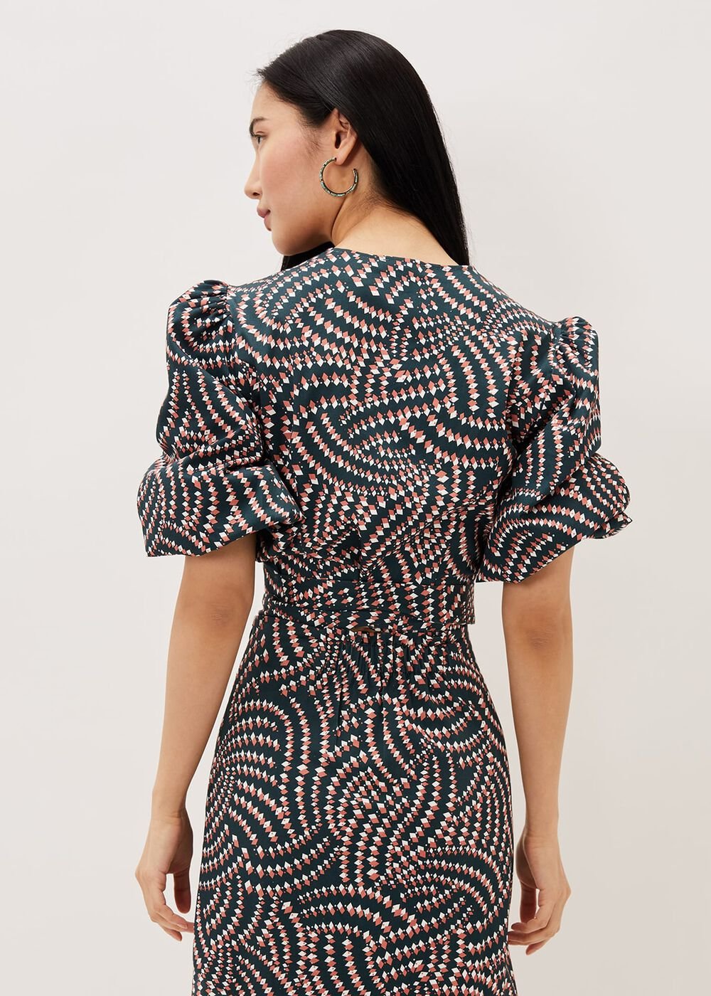 Kiri Co-Ord Geo Metric Blouse - Ocean/ Coral