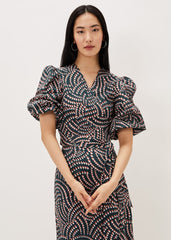 Kiri Co-Ord Geo Metric Blouse - Ocean/ Coral