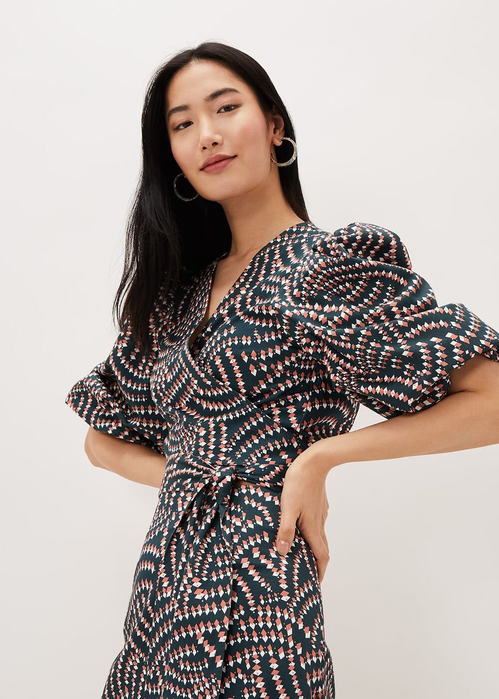 Kiri Co-Ord Geo Metric Blouse - Ocean/ Coral