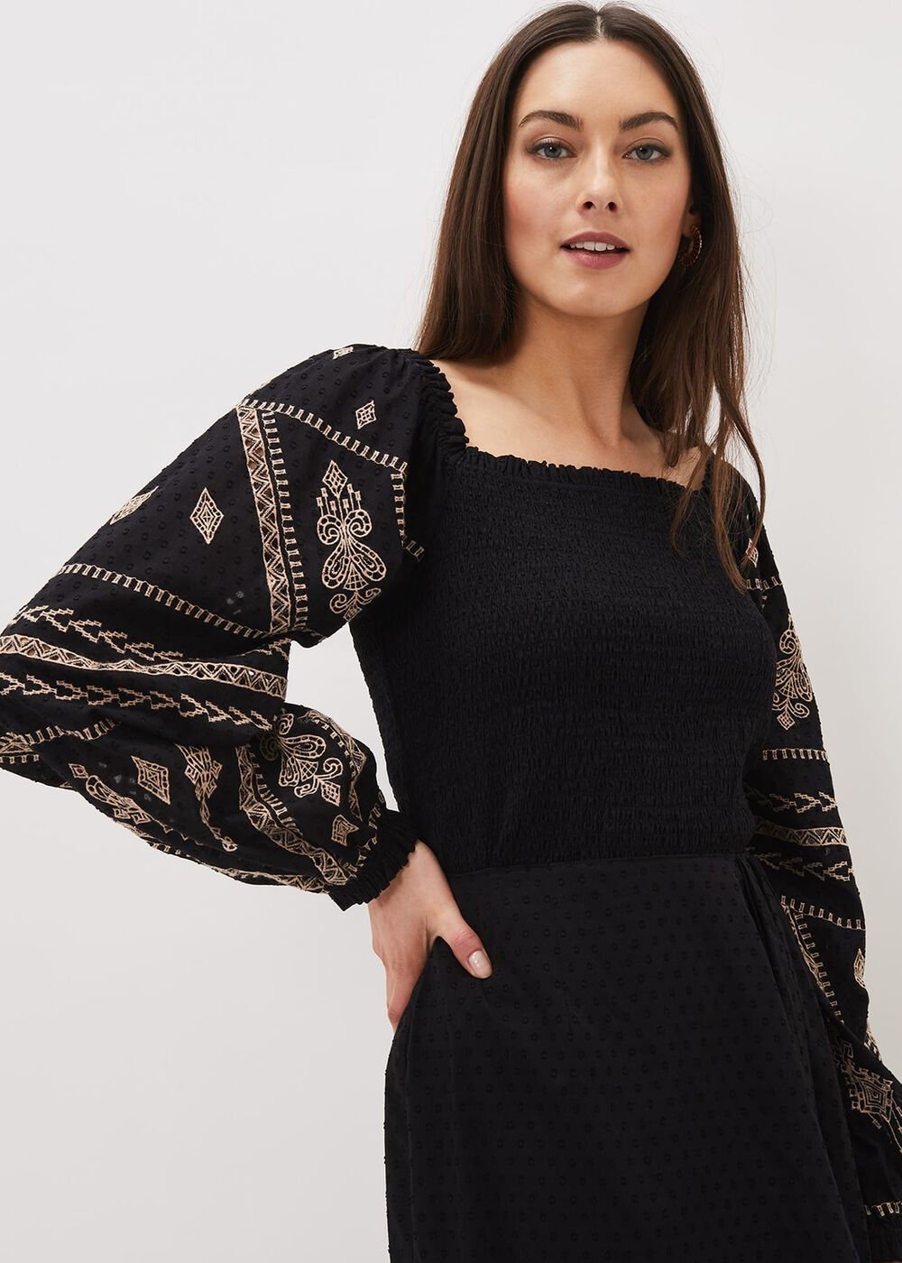 Debby Shirred Embroidered Blouse - Black