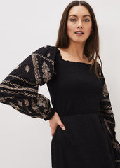 Debby Shirred Embroidered Blouse - Black