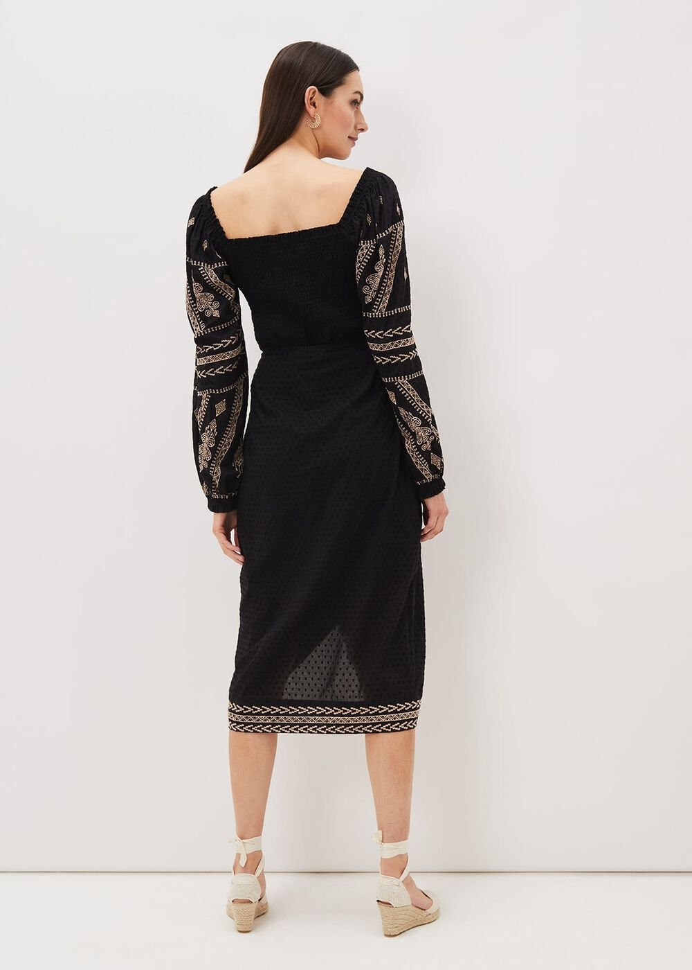 Debby Shirred Embroidered Blouse - Black