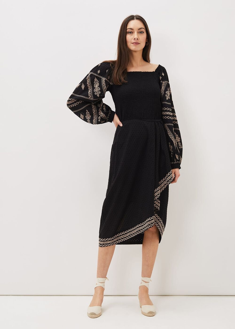 Debby Shirred Embroidered Blouse - Black