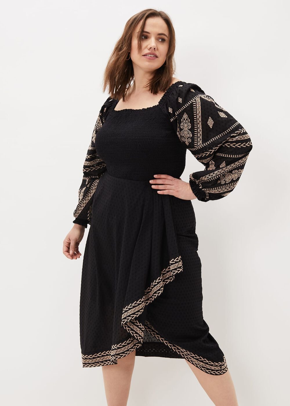 Debby Shirred Embroidered Blouse - Black