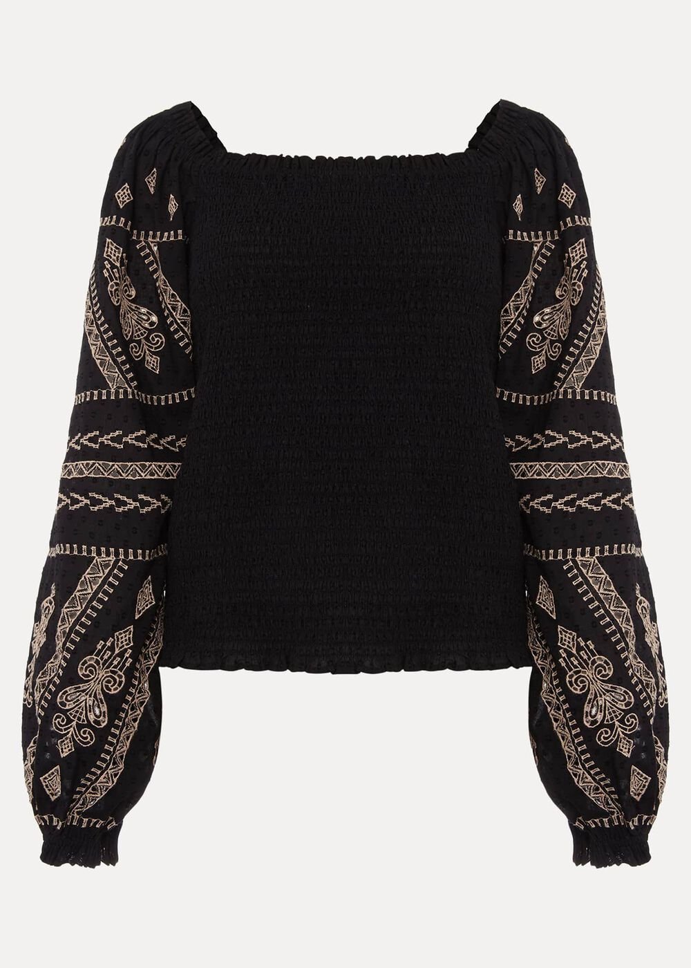 Debby Shirred Embroidered Blouse - Black
