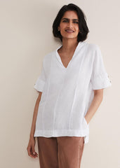 Carita V-Neck Linen Blouse - White