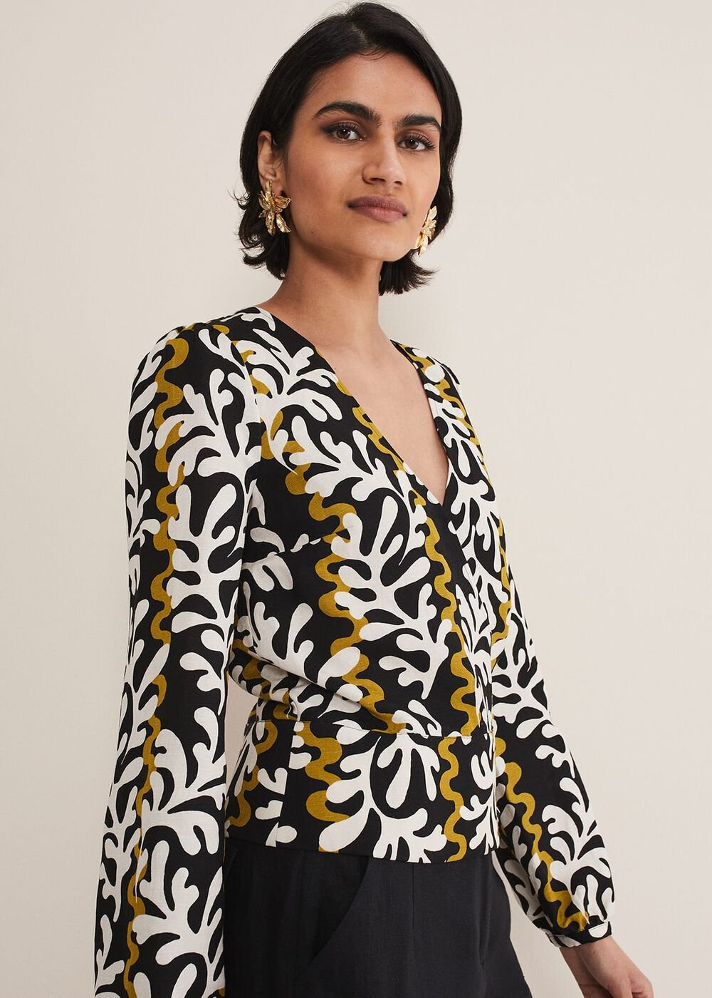 Vienna Linen Wrap Blouse - Black/Multi
