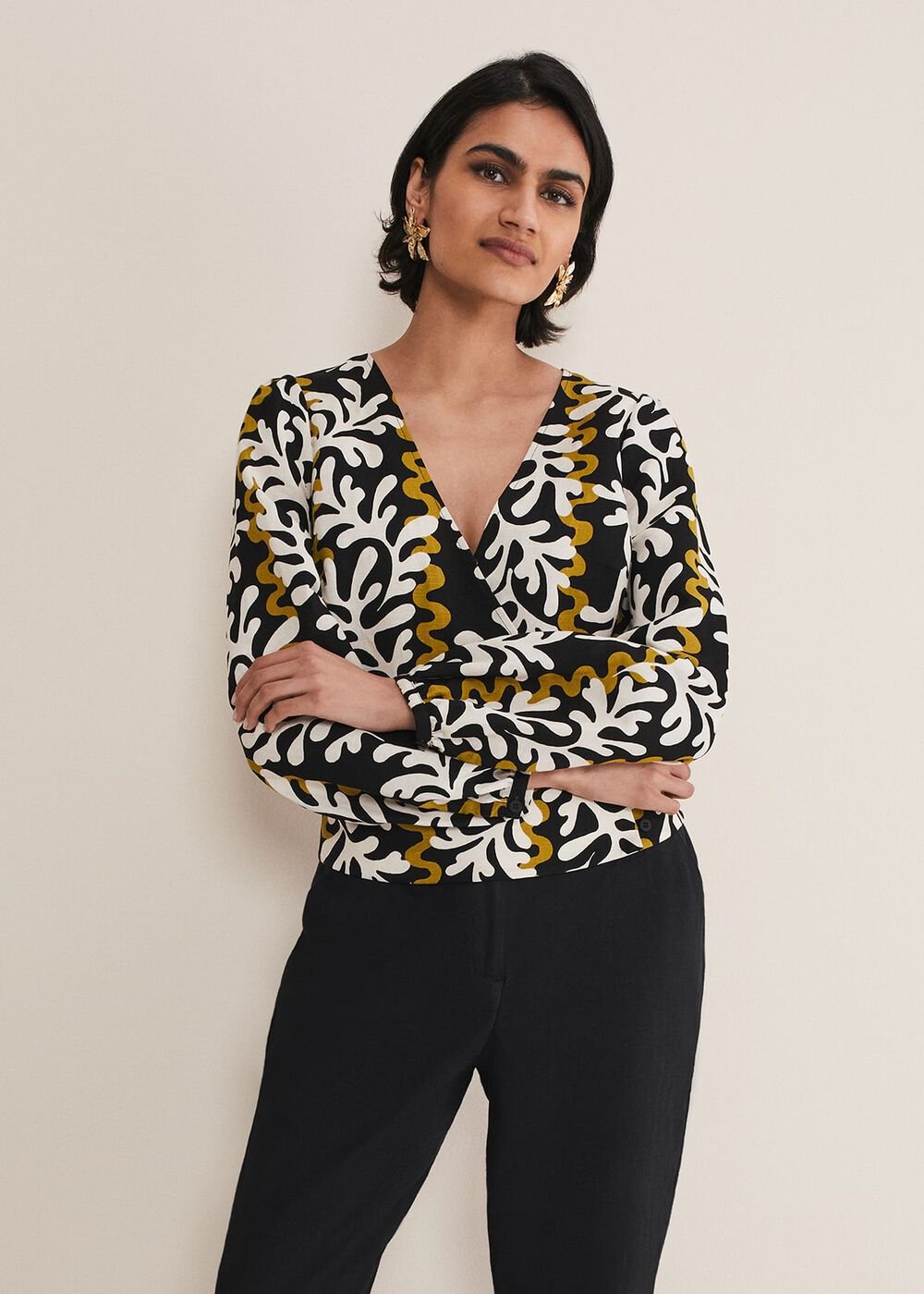 Vienna Linen Wrap Blouse - Black/Multi