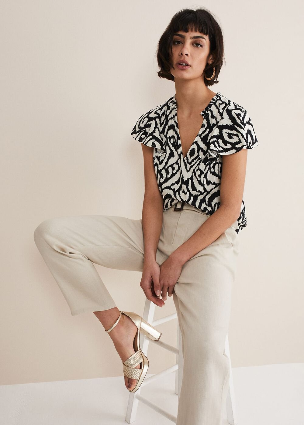 Dalia Ikat Ruffle Top - Black/Ivory
