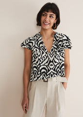 Dalia Ikat Ruffle Top - Black/Ivory